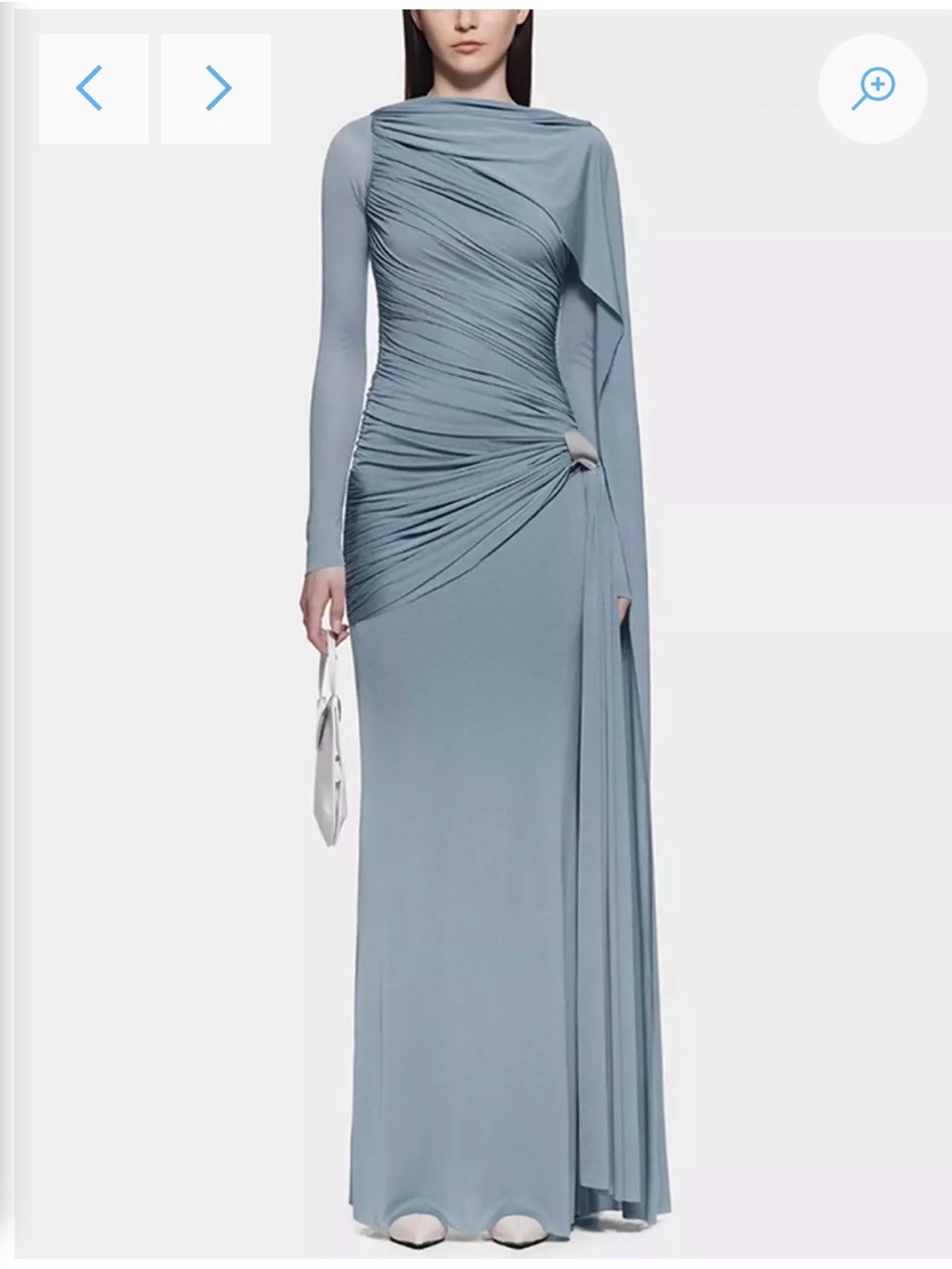 Ruched Draped Long-Sleeve Maxi Dress in Dusty Blue